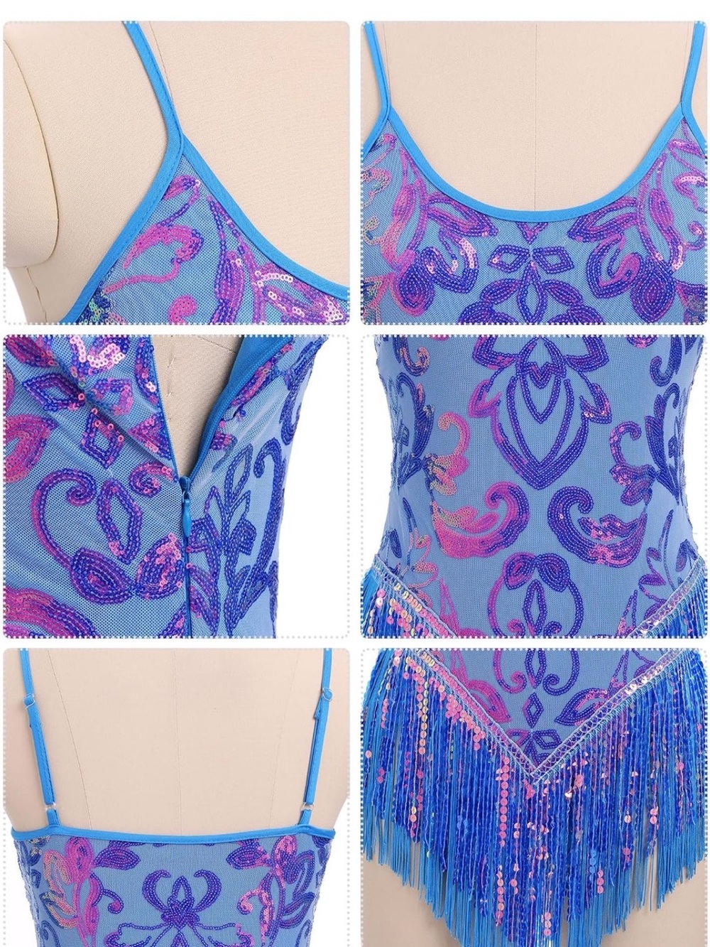 Light Blue Beaded Fringe Dance Bodysuit - Picture 9 of 9